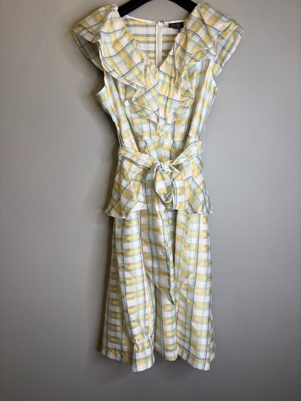Halogen x Atlantic-Pacific Yellow Plaid Ruffle Bow Front Midi Dress 1(2 Small)